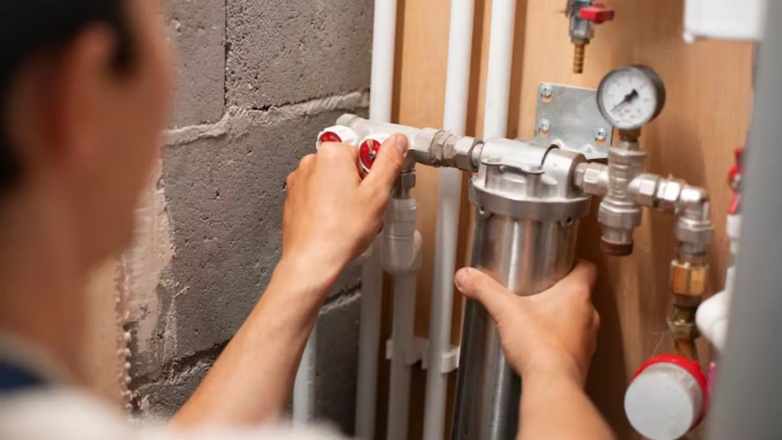 Plumber repairing a burst copper pipe fitting