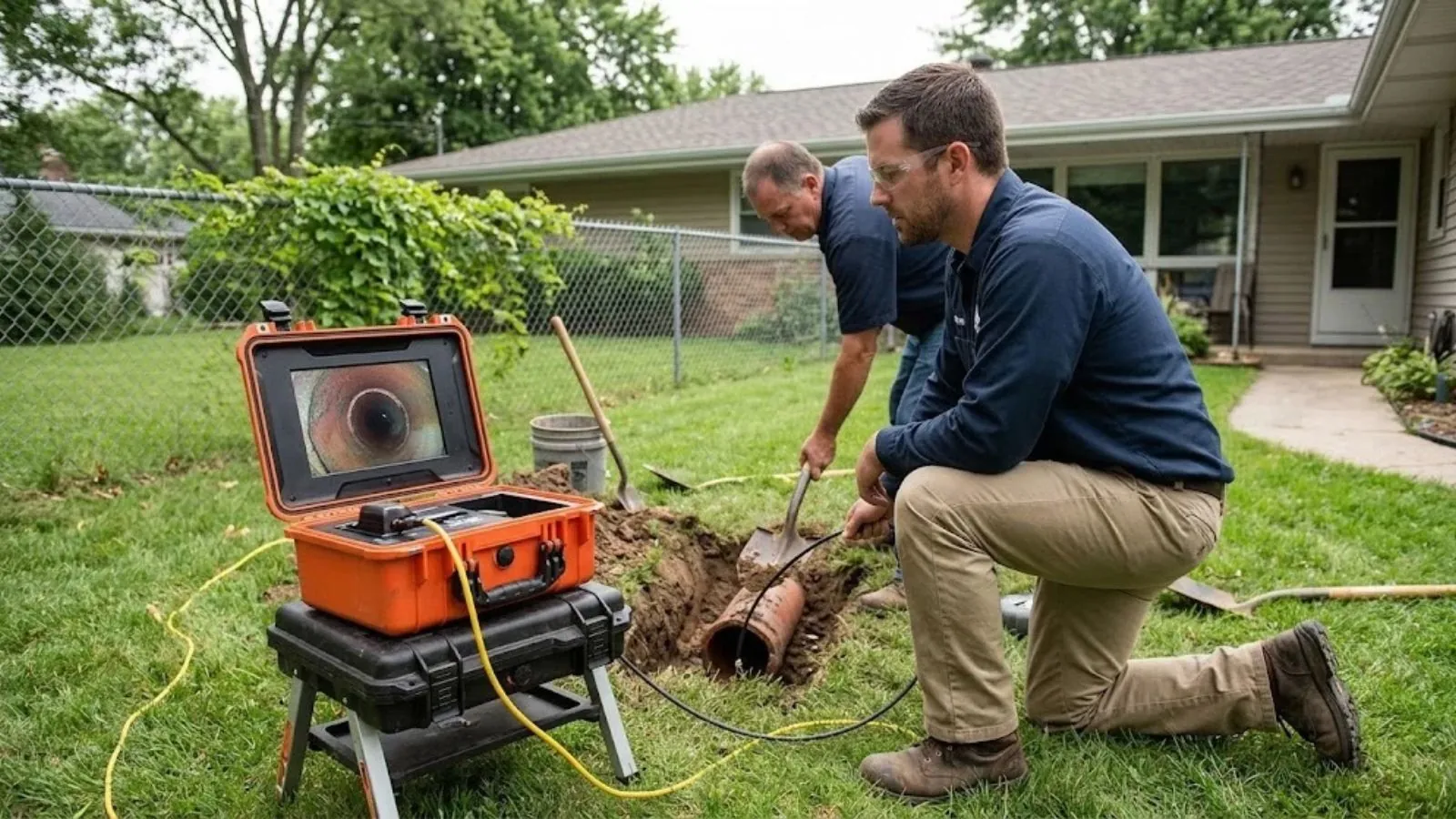 Plumbers running a sewer camera inspection and digging to a clay sewer pipe in a front yard